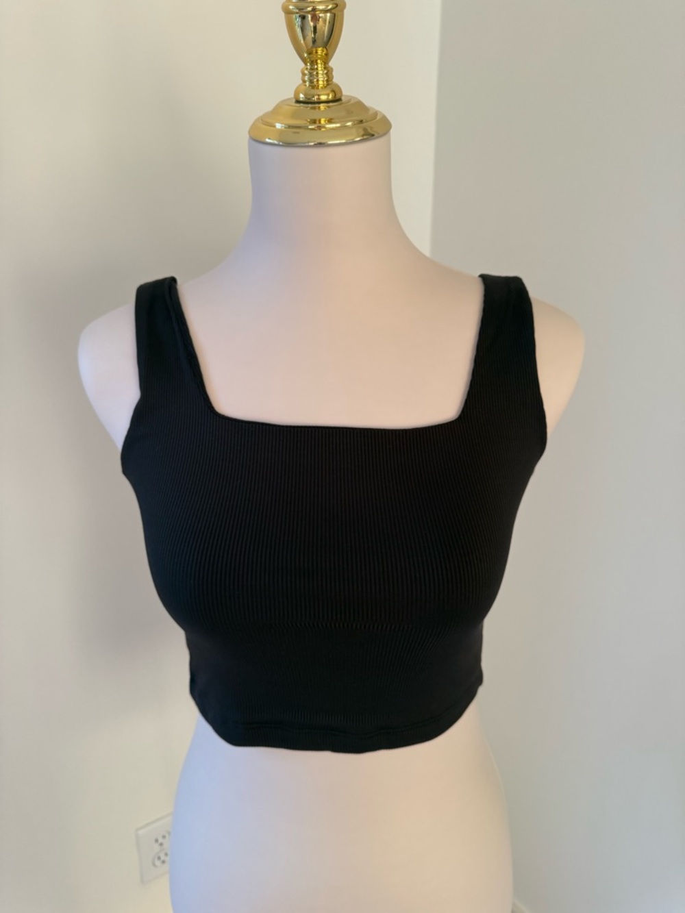 Black Ribbed Square-Neck Crop Tank Top